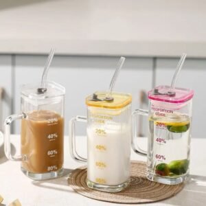Stylish Square Glass Mug with Straw & Handle